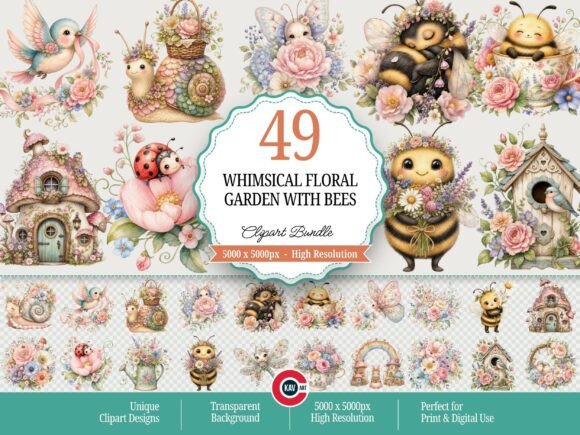 Download Whimsical Floral Garden with Bees - Floral garden Collection
