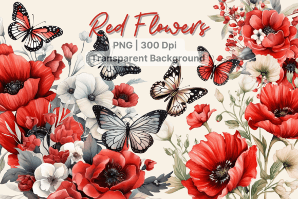 Download Watercolor Red Flower Butterfly Clipart - Red Collection